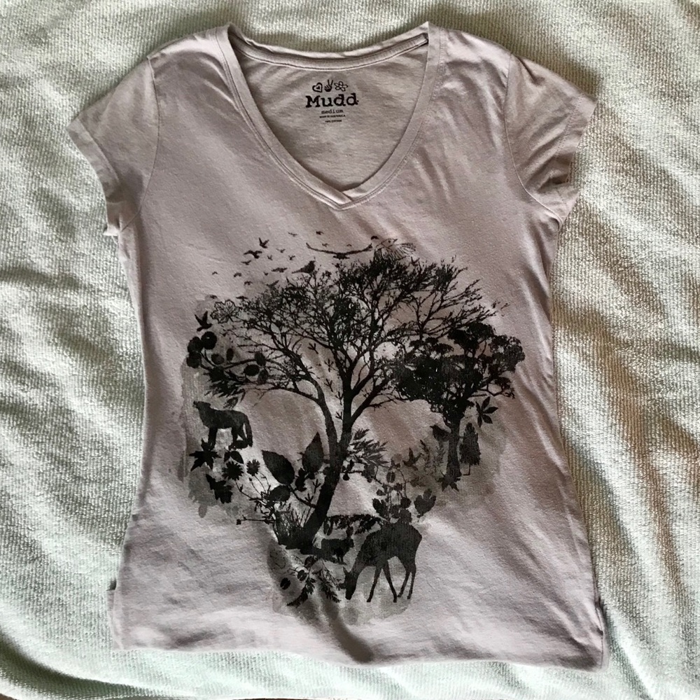 NATURE SKULL gray shirt with birds deer rabbit